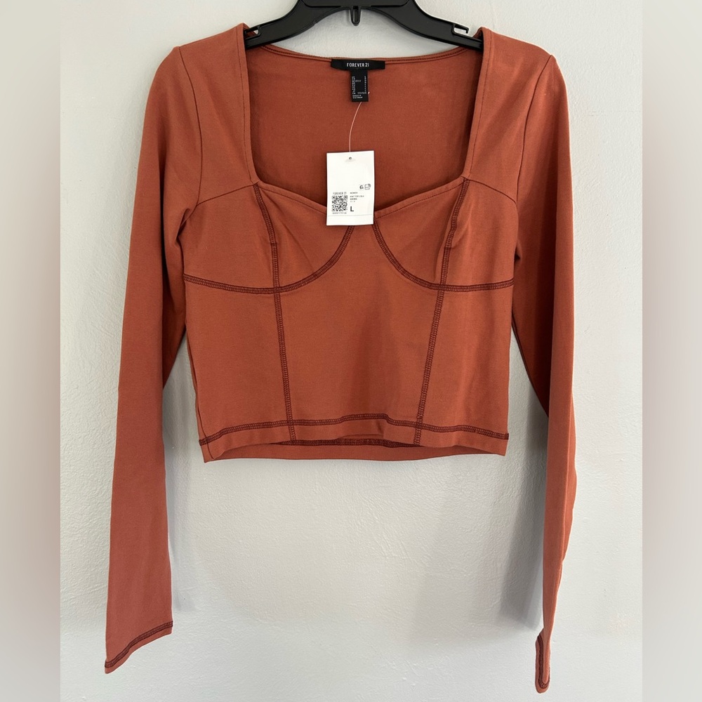 Forever 21 Rust Orange Long-Sleeve Square Neck Crop Top